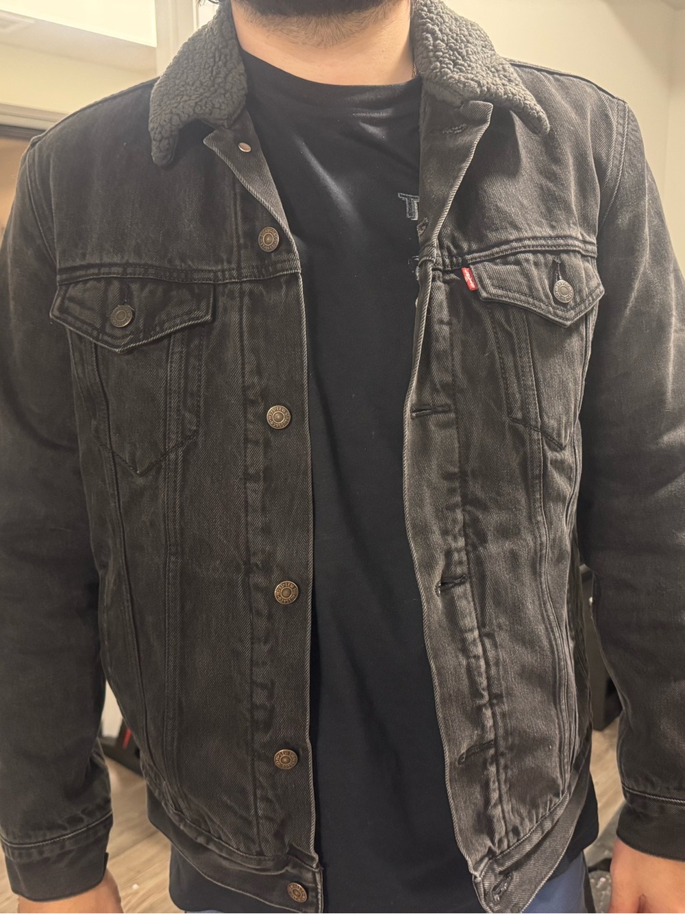 Levi's Black Washed Sherpa Collar Denim Jacket